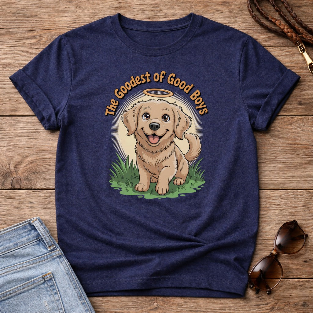 Navy t-shirt with a cartoon dog wearing a halo and the text "The Goodest of Good Boys."