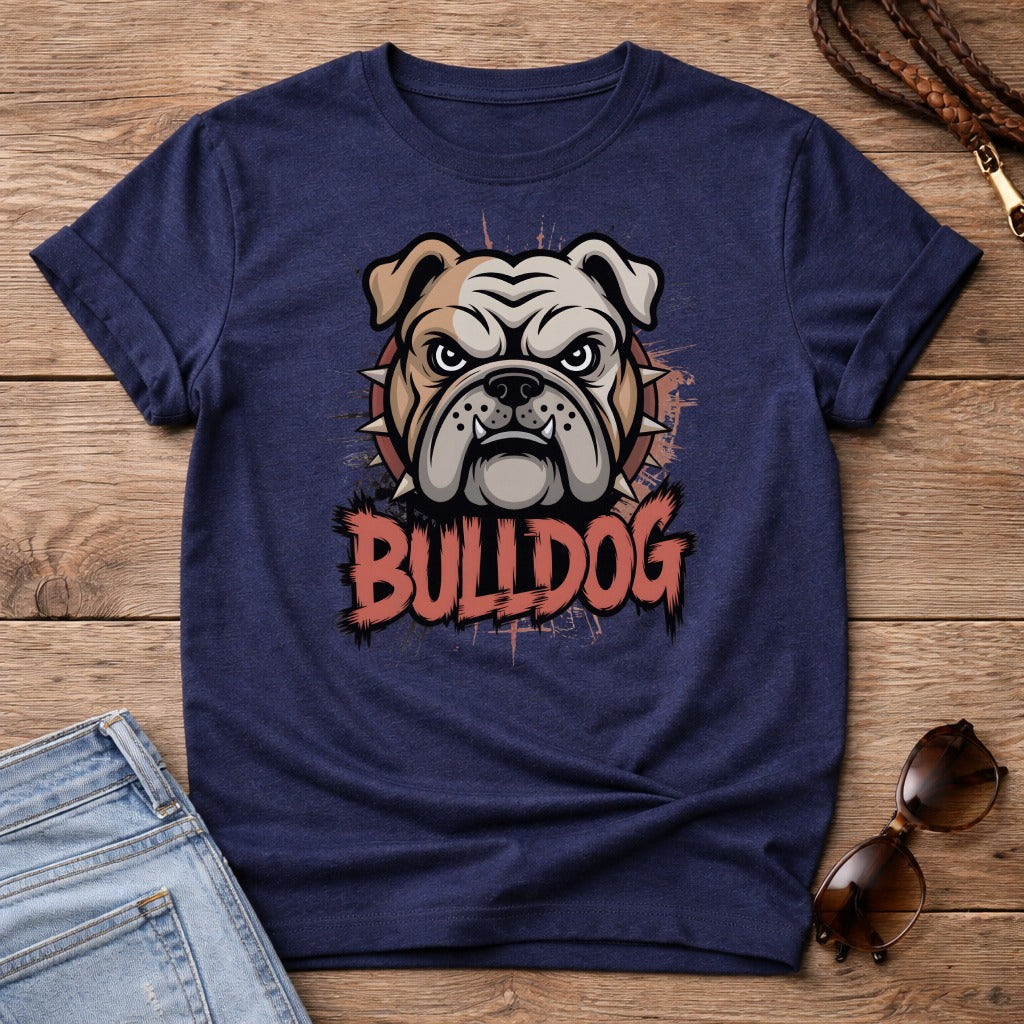 Navy t-shirt with a bulldog illustration and "BULLDOG" text.