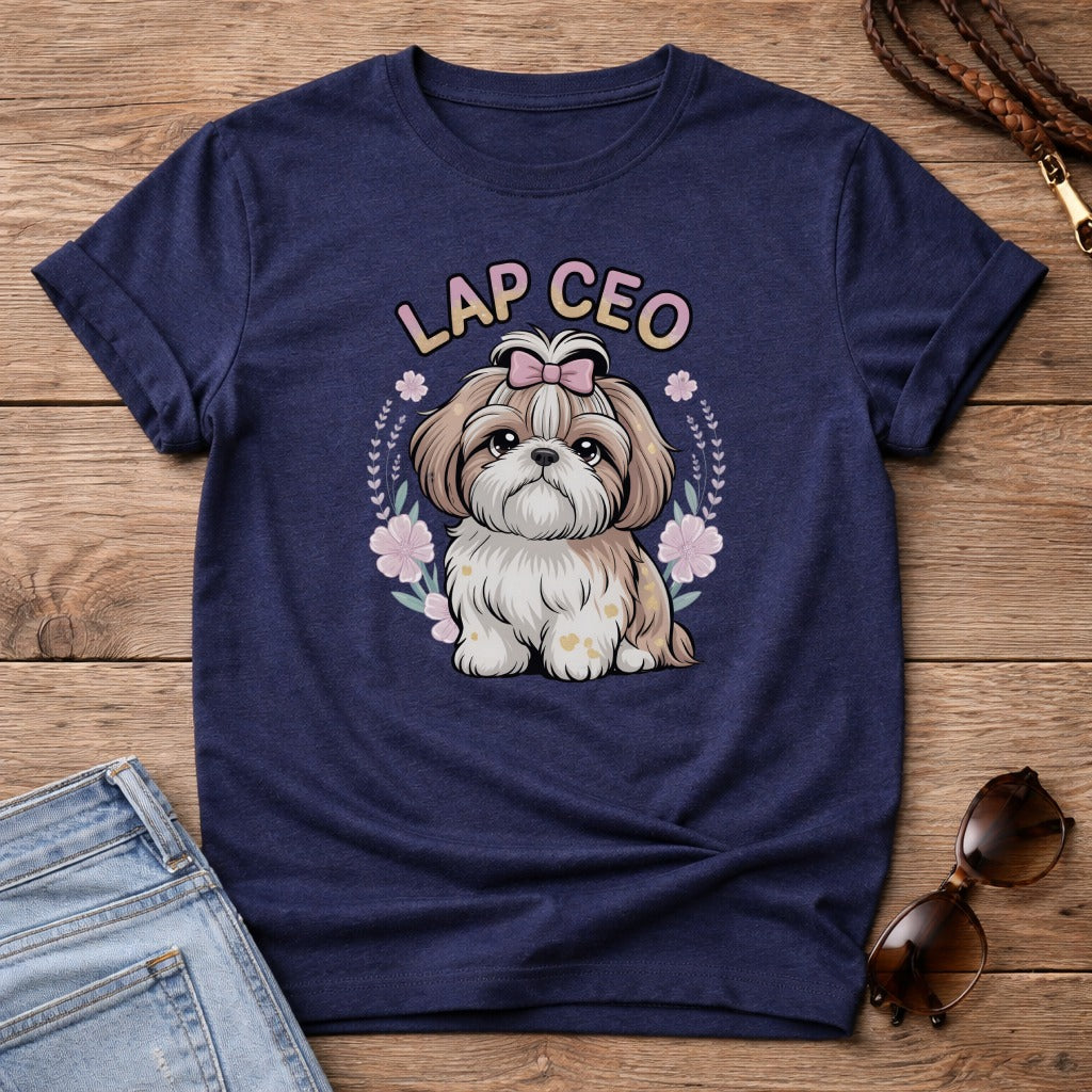 Navy t-shirt with "Lap CEO" text and a Shih Tzu puppy wearing a bow.