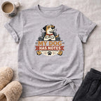 Grey t-shirt with "My Dog Has Notes" cartoon illustration of a stern dog.