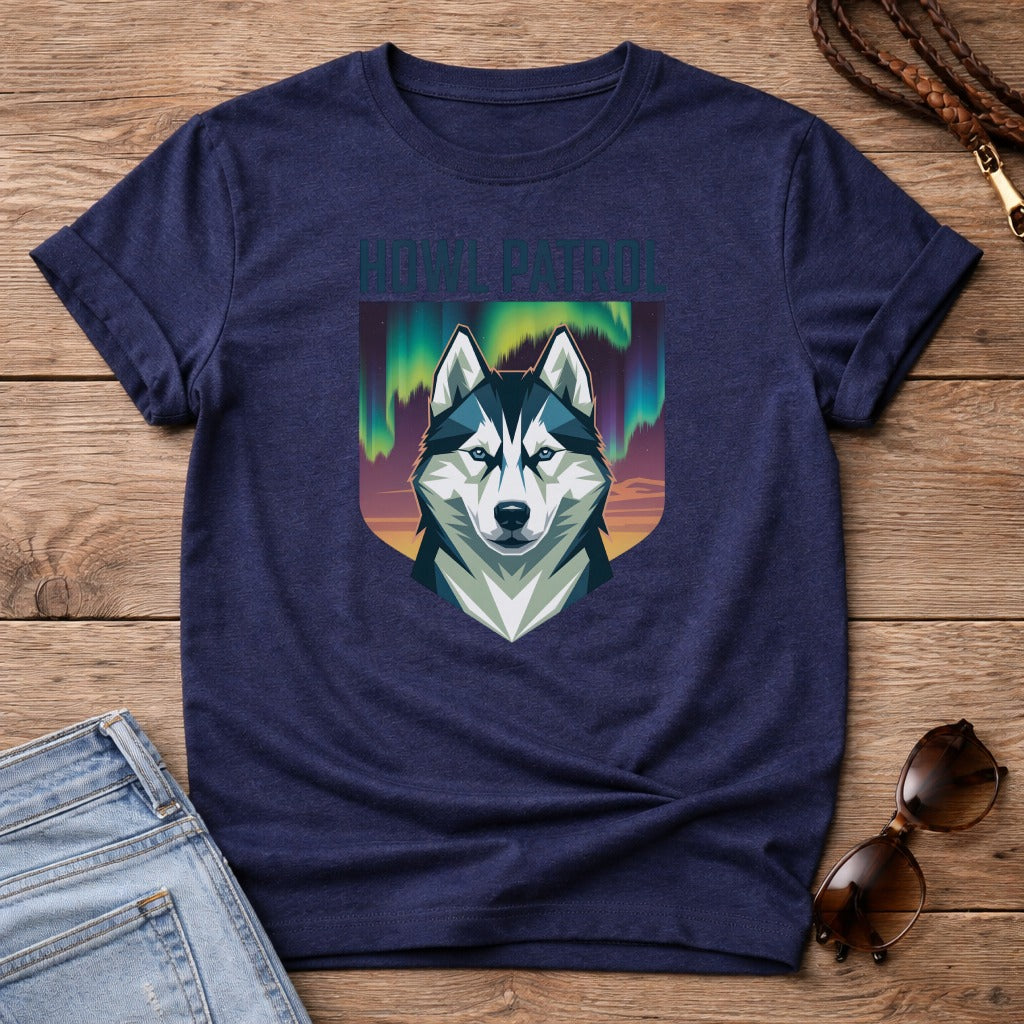Navy t-shirt with husky and aurora borealis graphic.