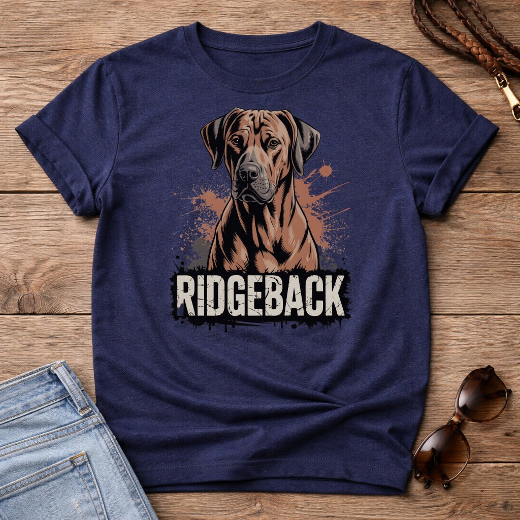 Navy t-shirt with a graphic of a Rhodesian Ridgeback dog and "Ridgeback" text.