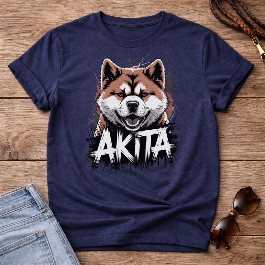 Navy t-shirt with an Akita dog graphic and text.