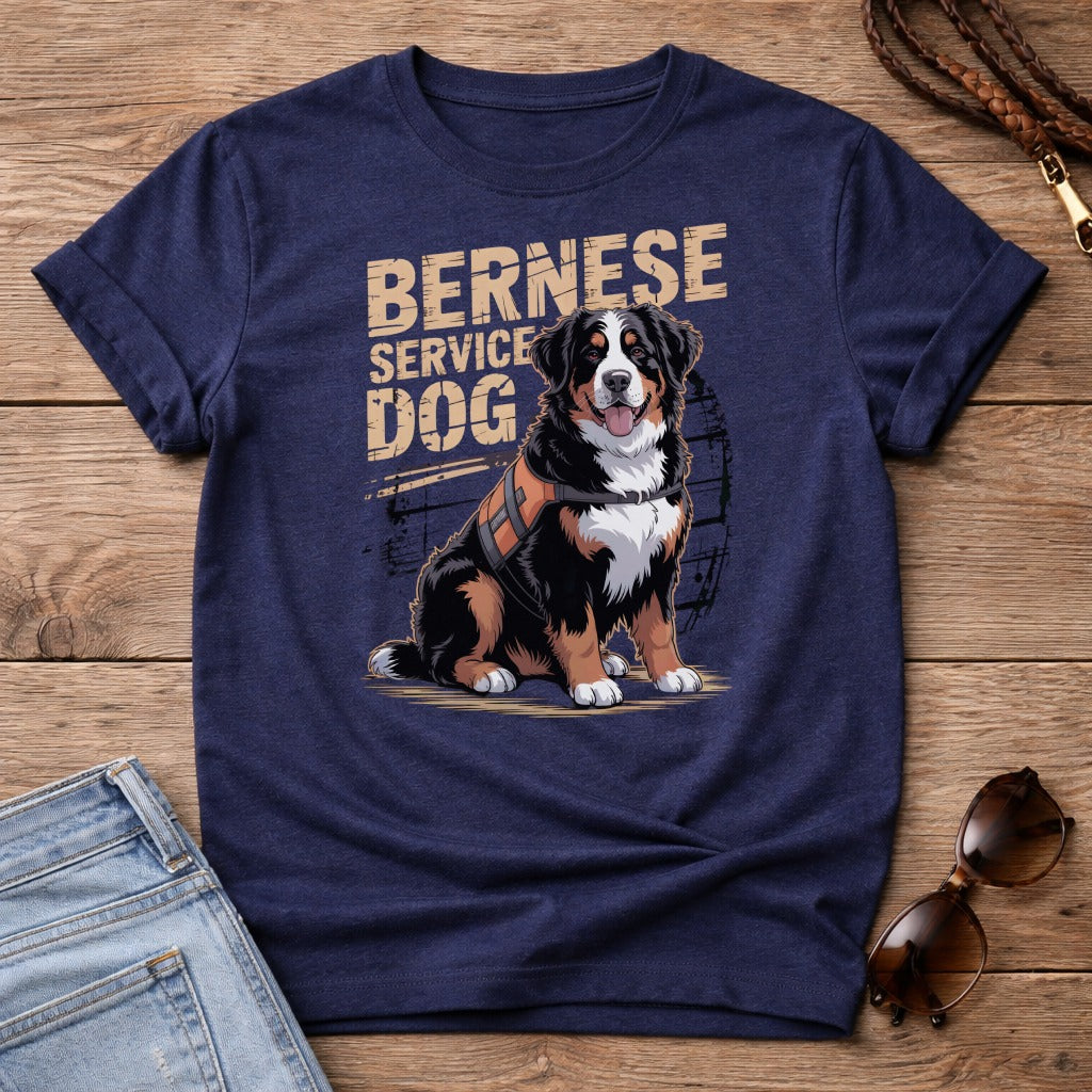 Bernese mountain dog wearing a service dog vest, seated on a wooden surface.