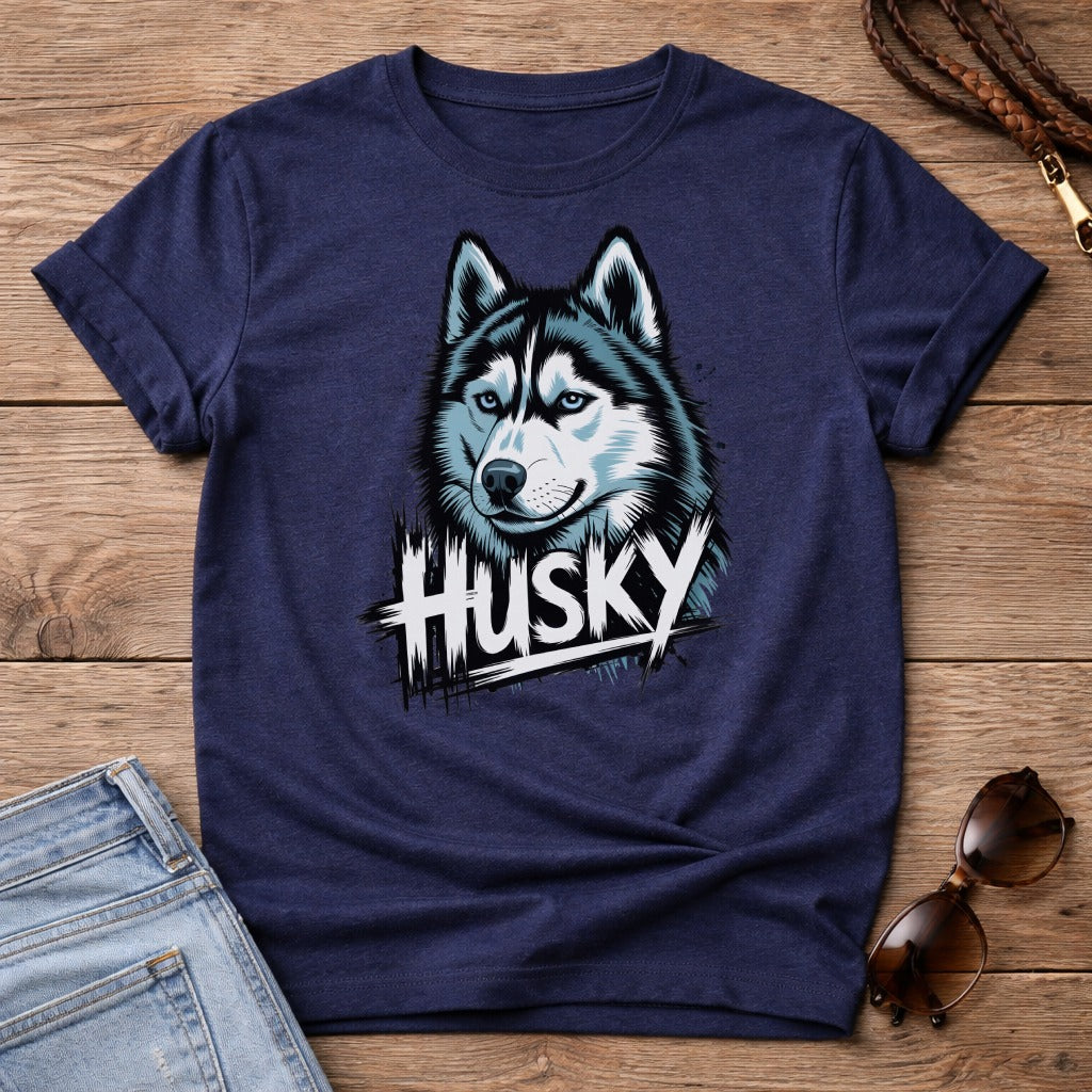 Navy t-shirt with a graphic of a husky dog and the word "HUSKY".