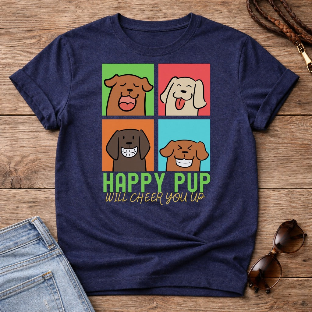 Navy t-shirt with four smiling dog faces and text "Happy Pup Will Cheer You Up".