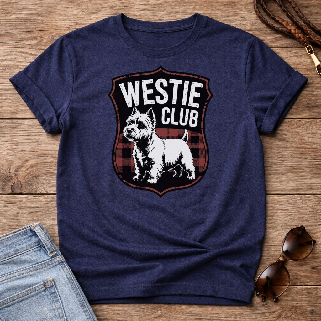 Navy t-shirt with Westie Club logo featuring a West Highland White Terrier on plaid.