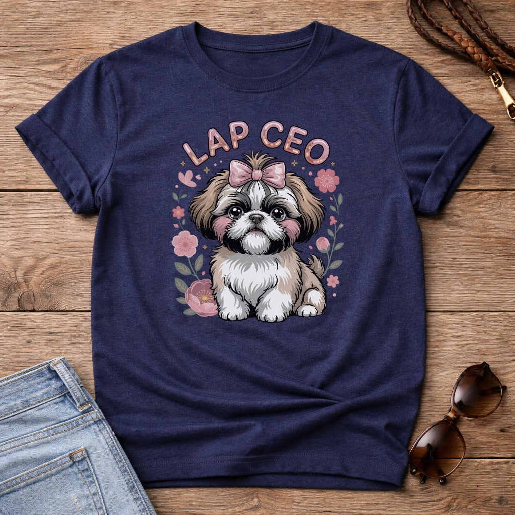Navy t-shirt with a Shih Tzu dog wearing a pink bow, "Lap CEO" text.