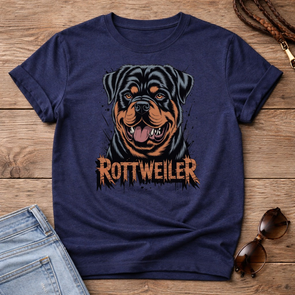 Navy t-shirt with Rottweiler graphic and text.
