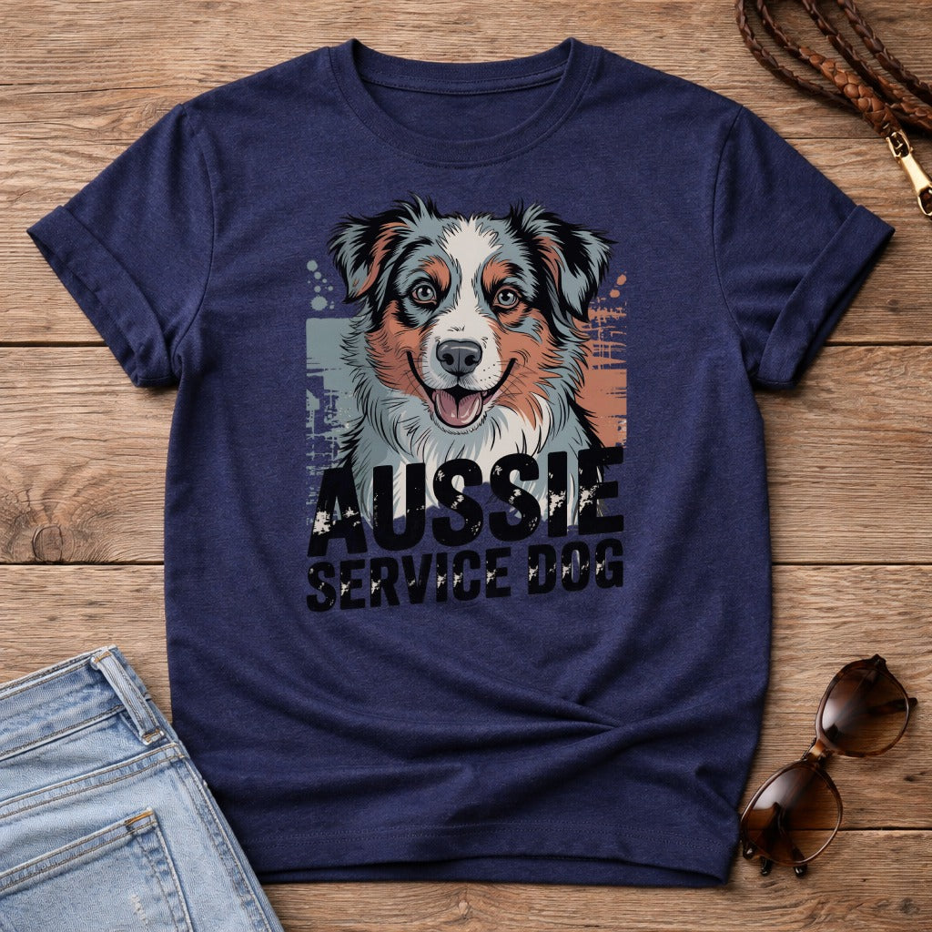 T-shirt with Australian Shepherd service dog graphic and text.