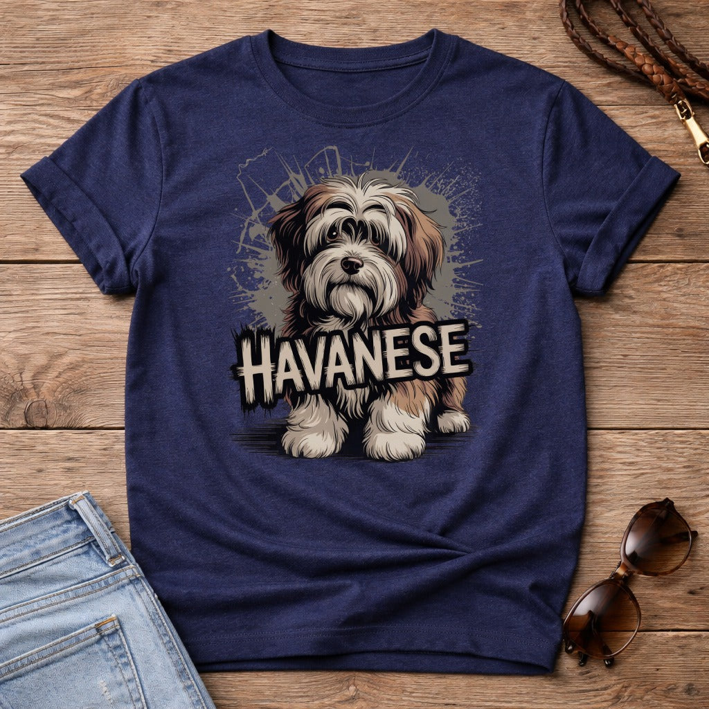 Havanese dog graphic on navy blue t-shirt with distressed background.
