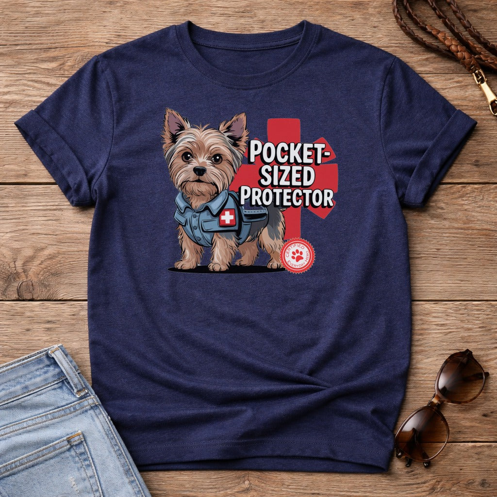Yorkshire terrier wearing a medical vest with "Pocket-Sized Protector" text.