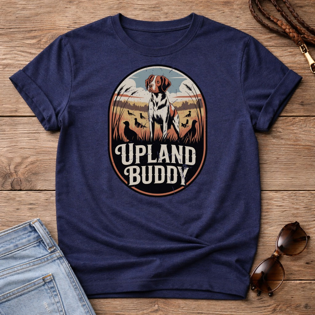 T-shirt featuring a dog and pheasants in an oval nature graphic, text "Upland Buddy".