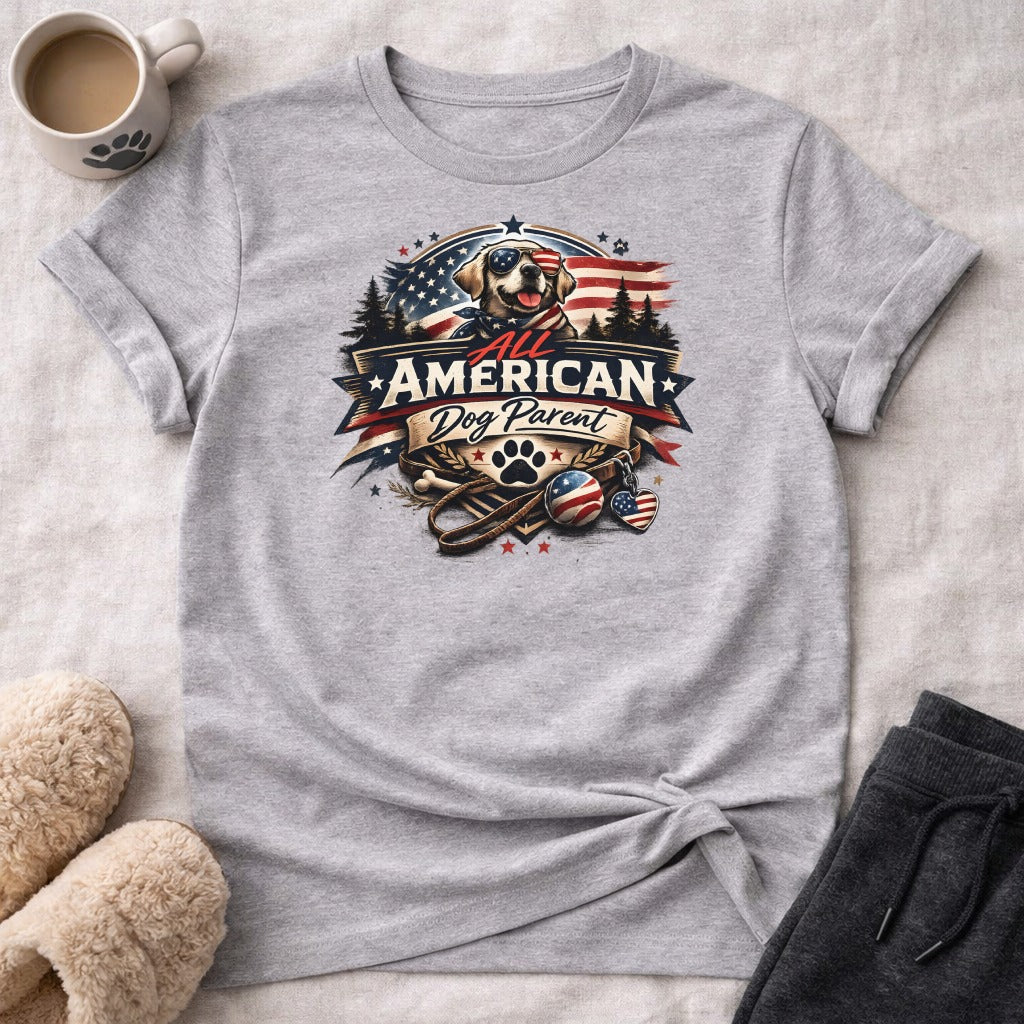 Gray t-shirt with "All American Dog Parent" text and a patriotic dog graphic.