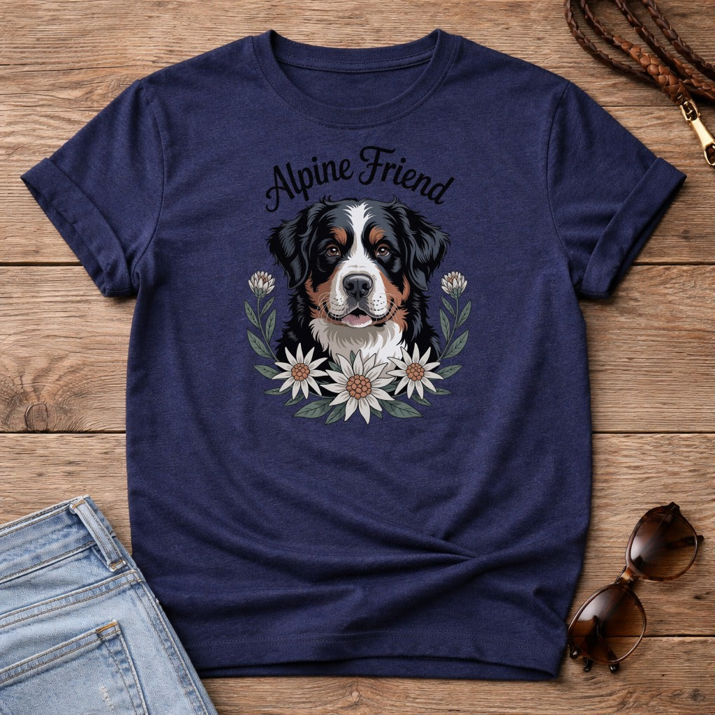 Bernese Mountain Dog wearing a floral wreath, text "Alpine Friend" above.