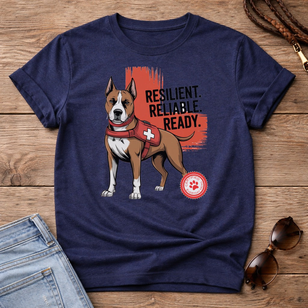 Navy t-shirt featuring a pit bull in a red vest and the text "RESILIENT. RELIABLE. READY."