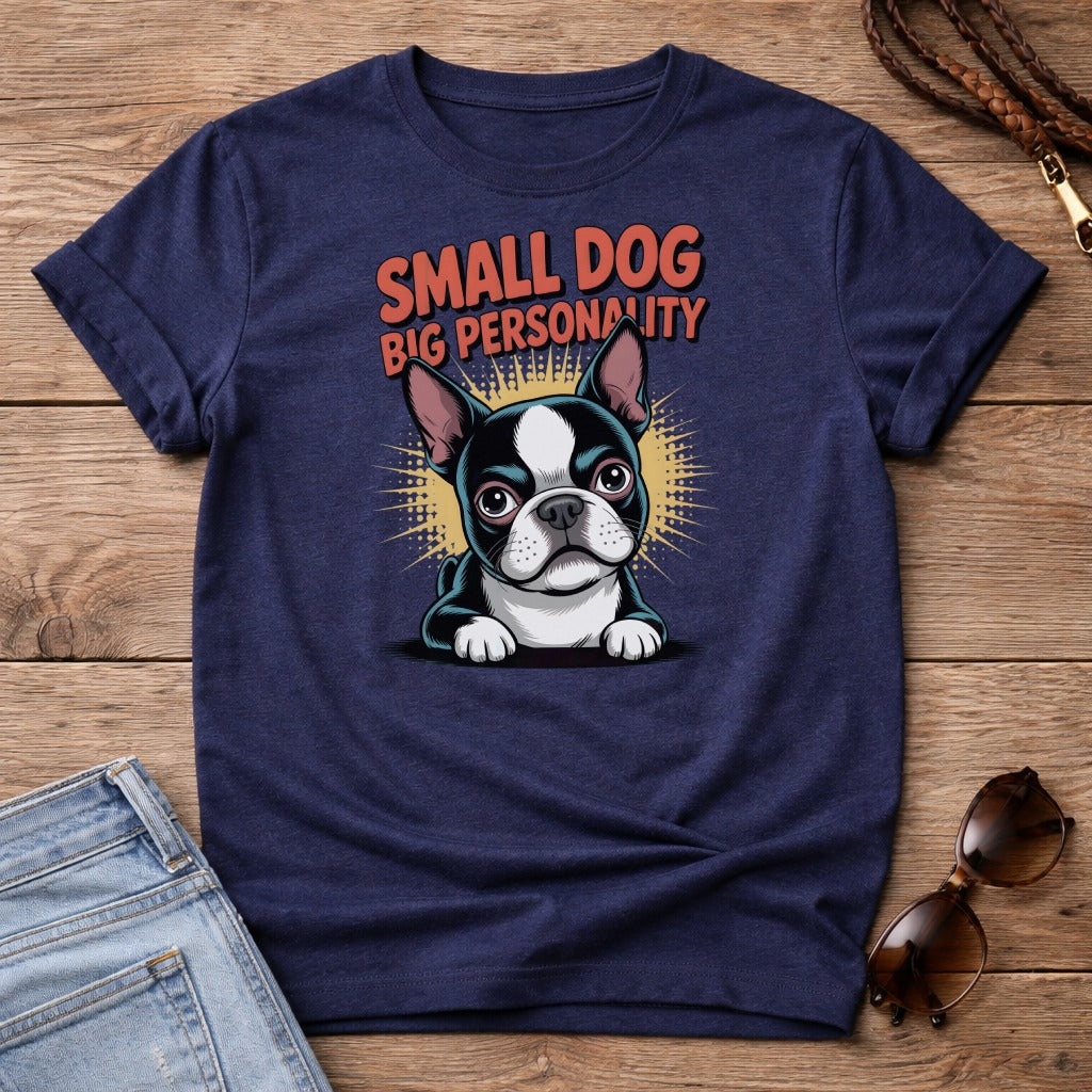 Navy t-shirt with "Small Dog Big Personality" text and cartoon dog graphic.