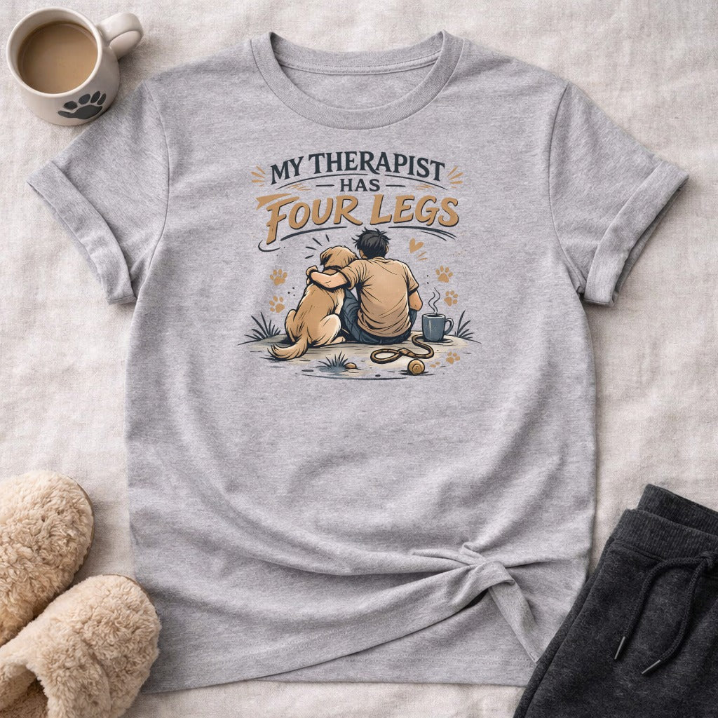 Gray t-shirt with "My therapist has four legs" text and dog illustration.