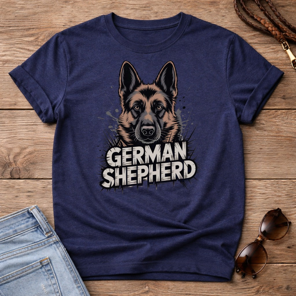 German Shepherd dog portrait on a dark blue t-shirt.