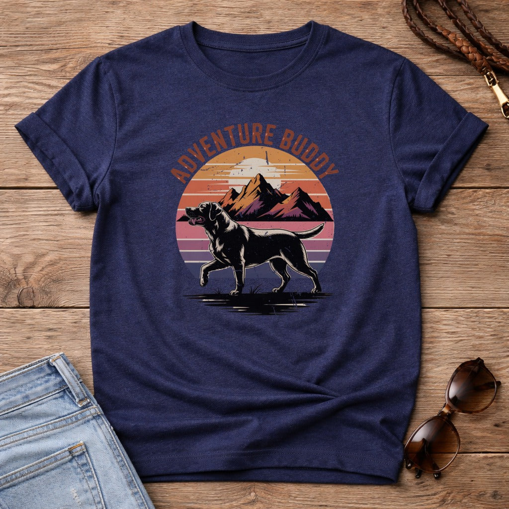 Dark blue t-shirt with "Adventure Buddy" text and a black dog in front of mountains.