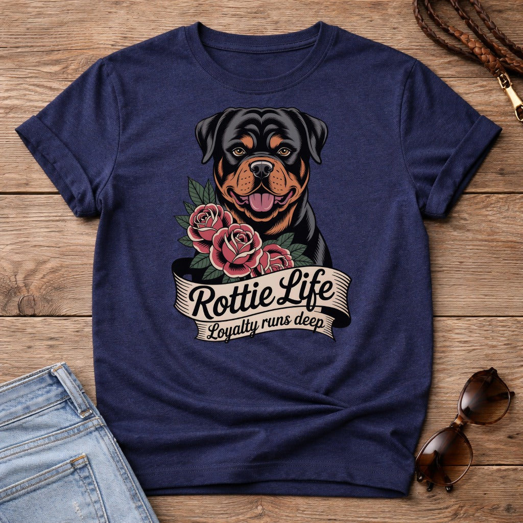 Rottweiler with roses on navy t-shirt, "Rottie Life Loyalty runs deep".