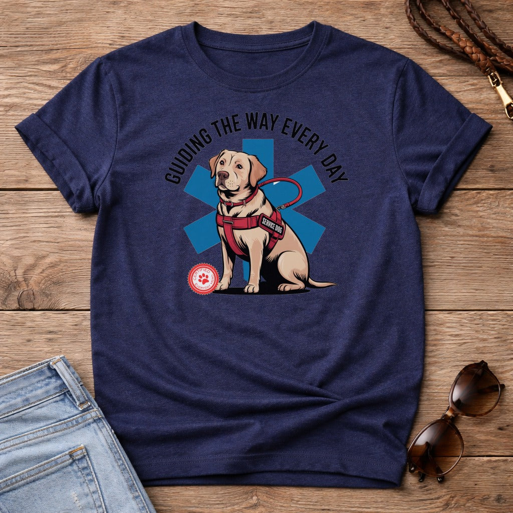 Navy t-shirt with "Guiding the Way Every Day" and a service dog graphic.