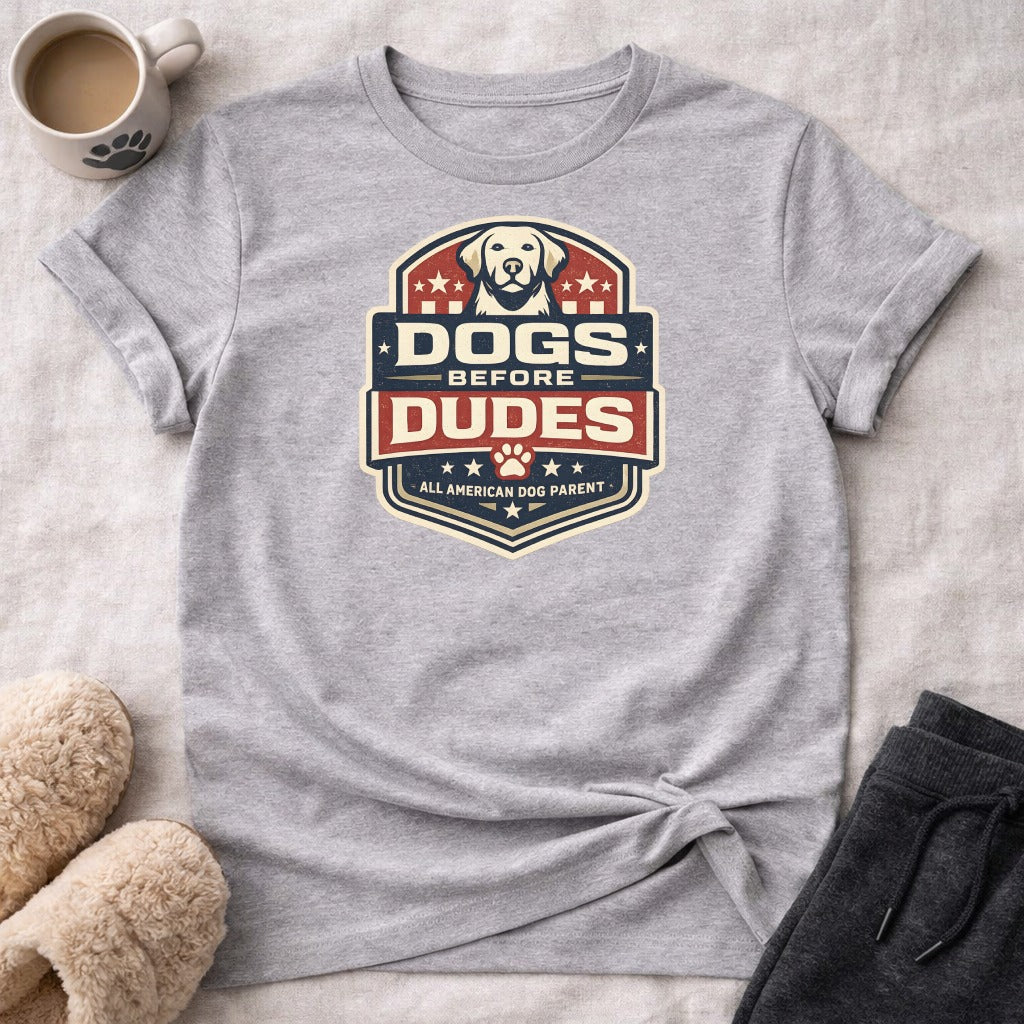 Gray t-shirt with "Dogs Before Dudes" slogan and a dog emblem.