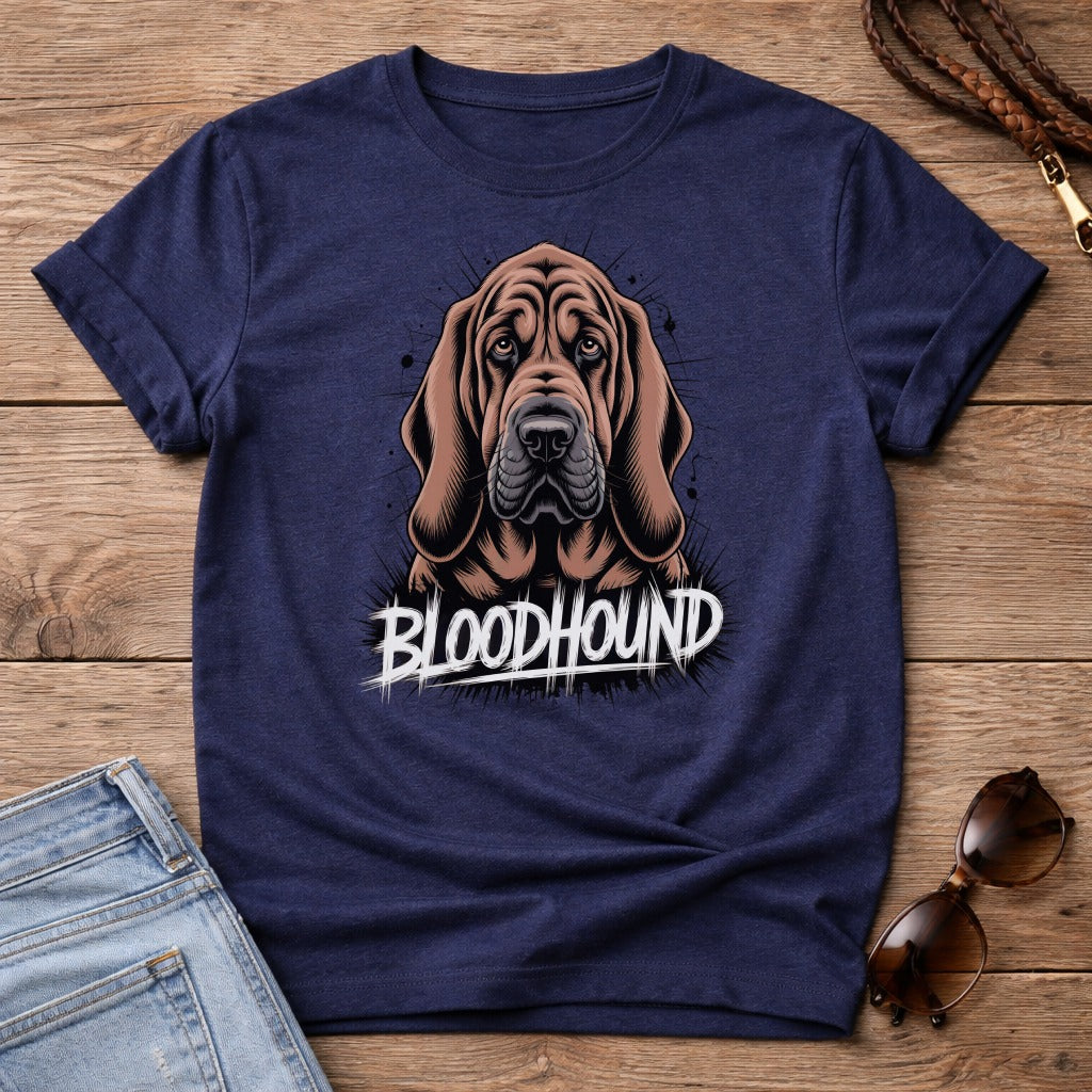 Navy t-shirt with a Bloodhound dog illustration and "BLOODHOUND" text.