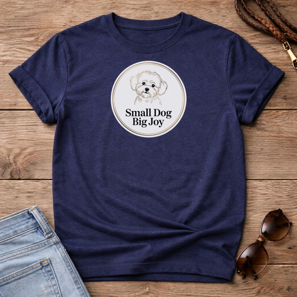 Navy t-shirt with "Small Dog Big Joy" and a dog graphic in a circle.