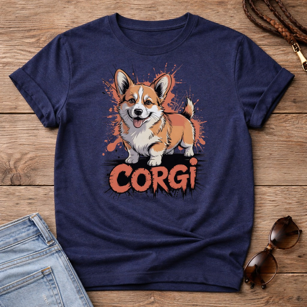Navy t-shirt with a cartoon corgi and "CORGI" text.