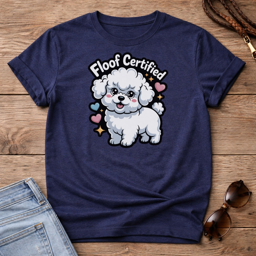 T-shirt with a cute white poodle graphic, stars, and hearts.