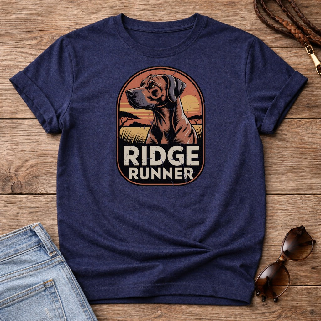 Navy t-shirt with Ridge Runner logo featuring a dog and sunset.