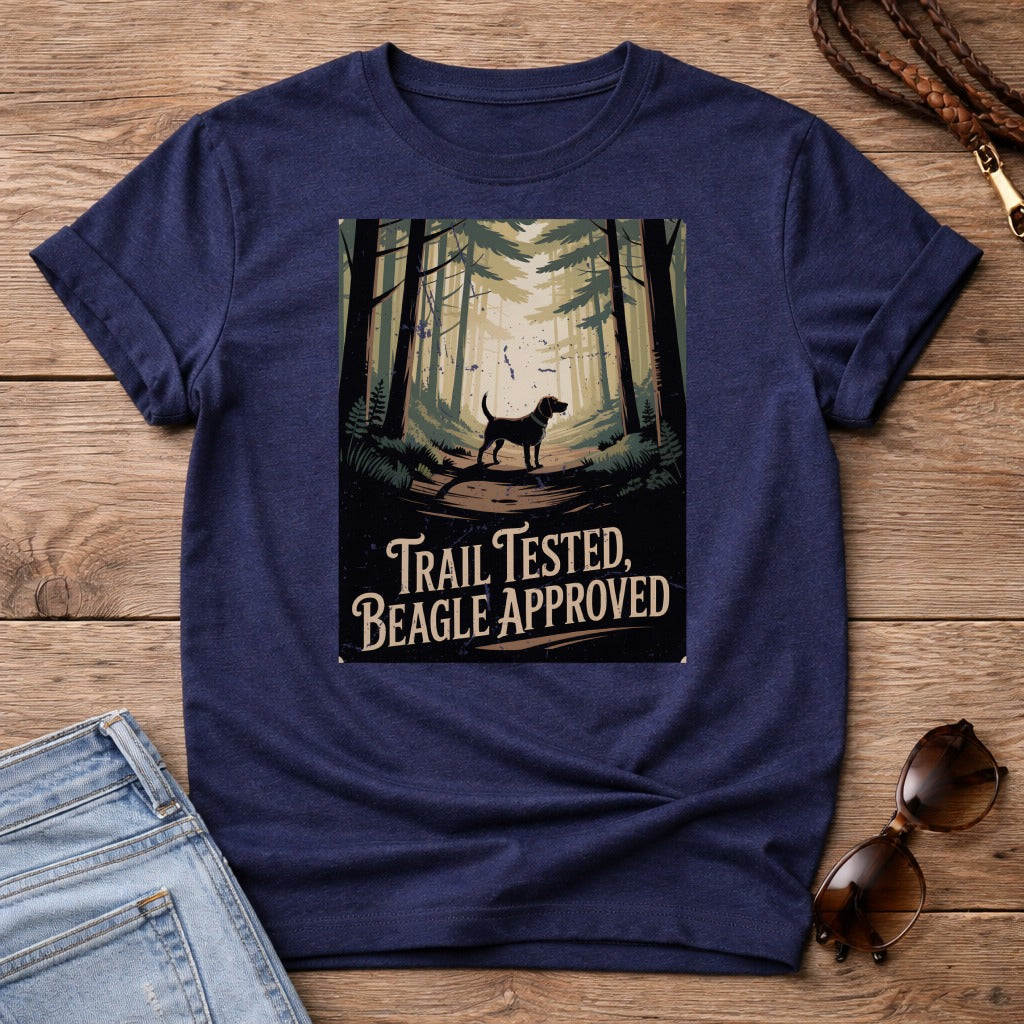 Navy t-shirt with "Trail Tested, Beagle Approved" text and a dog on a forest path.