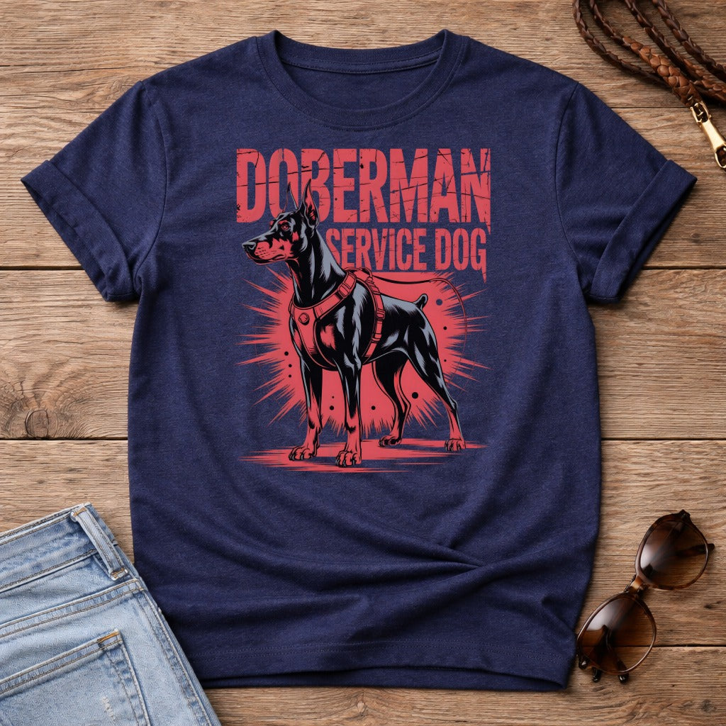 Navy t-shirt with red Doberman Pinscher and "Doberman Service Dog" text.