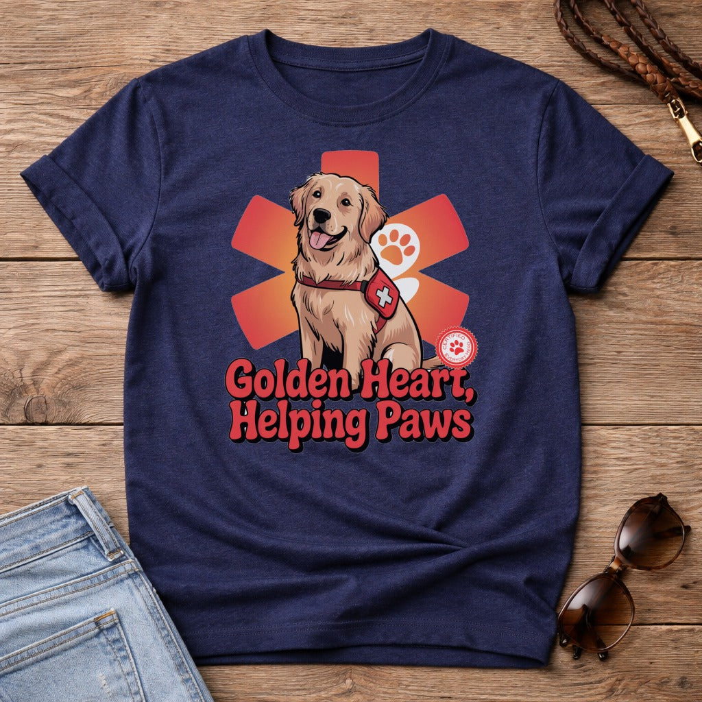 Navy t-shirt with "Golden Heart, Helping Paws" and a golden retriever wearing a service vest.