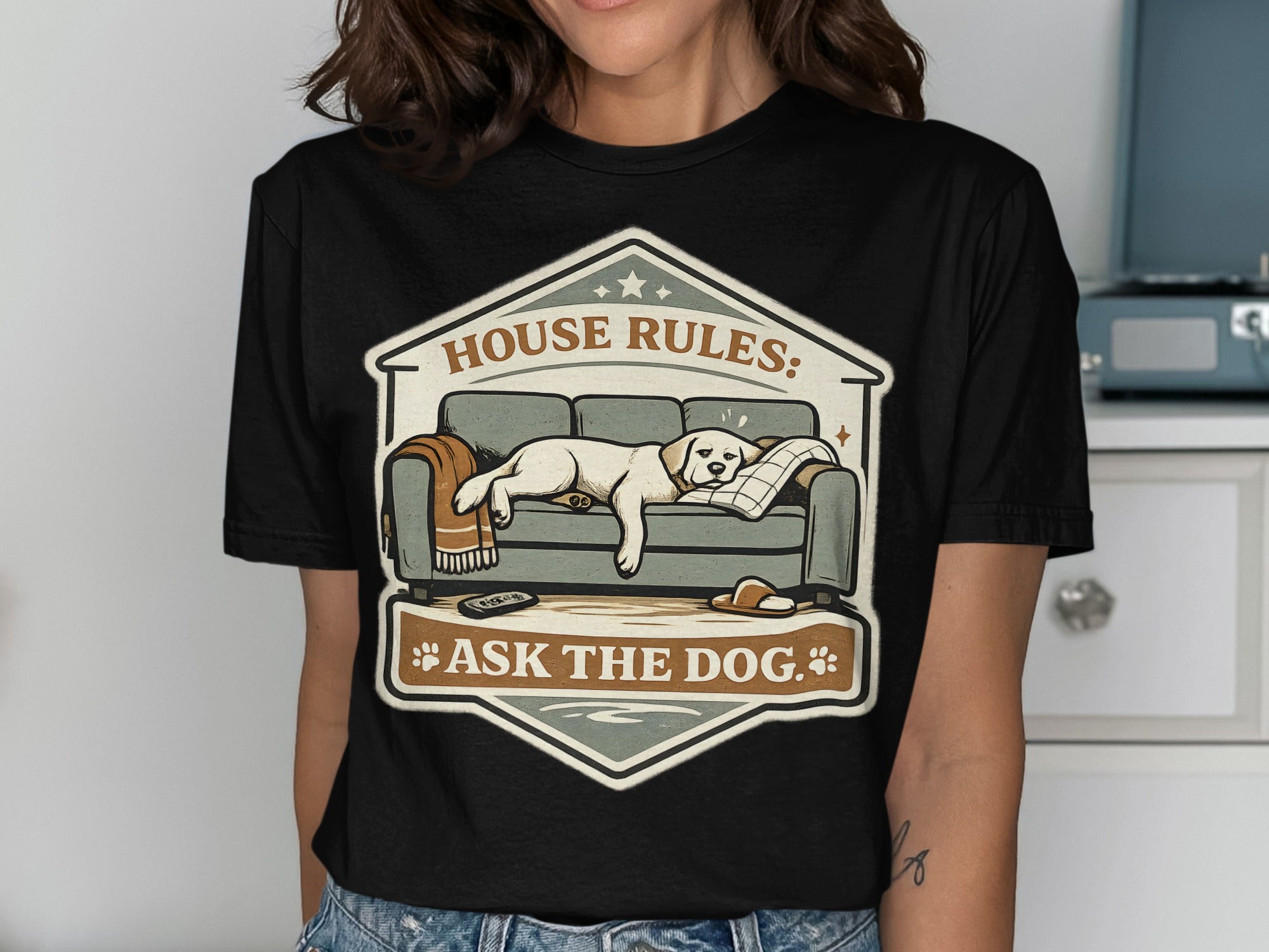 T-shirt with a golden retriever sleeping on a couch, "House Rules: Ask the Dog" text.