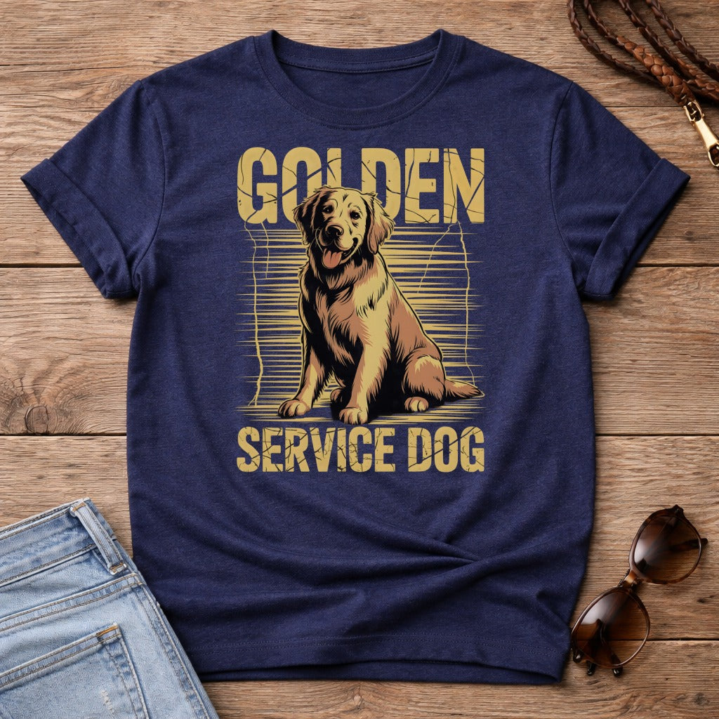 Golden Retriever service dog graphic on navy blue t-shirt.