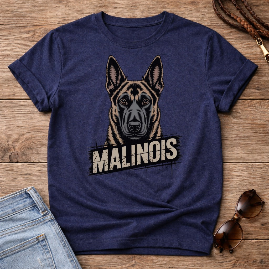 Navy t-shirt with Malinois dog face graphic and text.