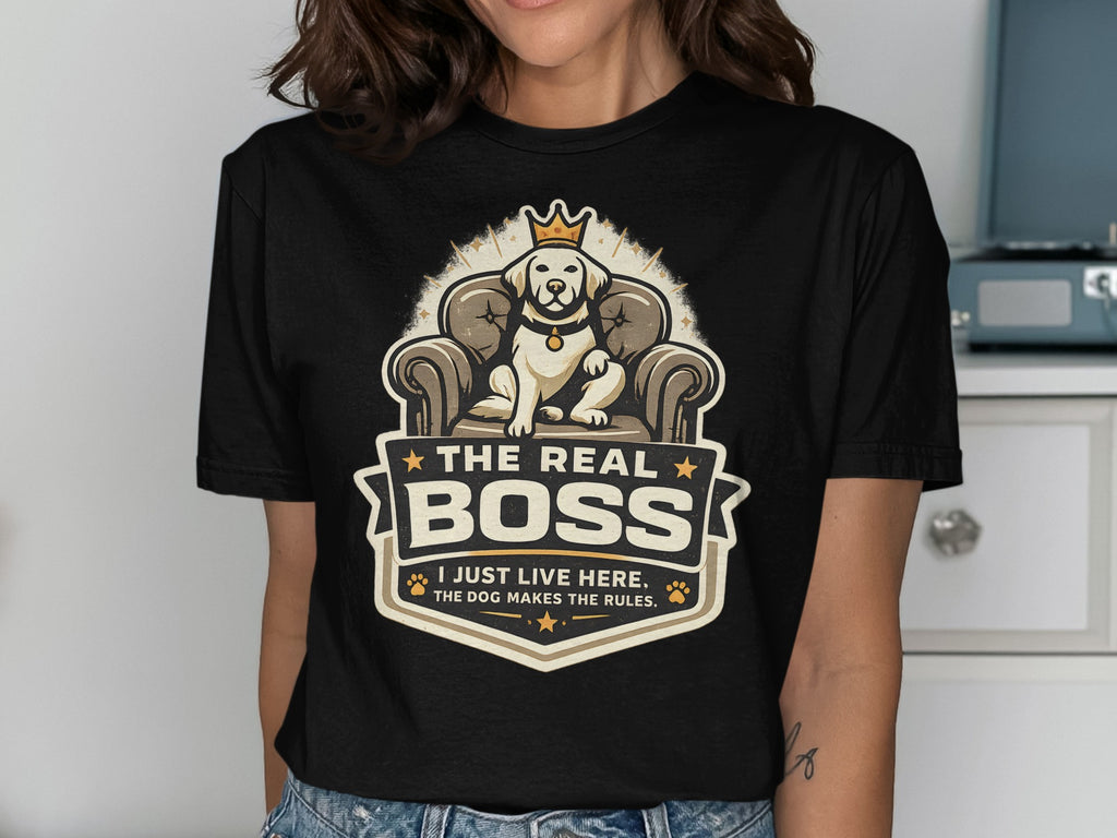 Dog wearing a crown on a throne with text "THE REAL BOSS".