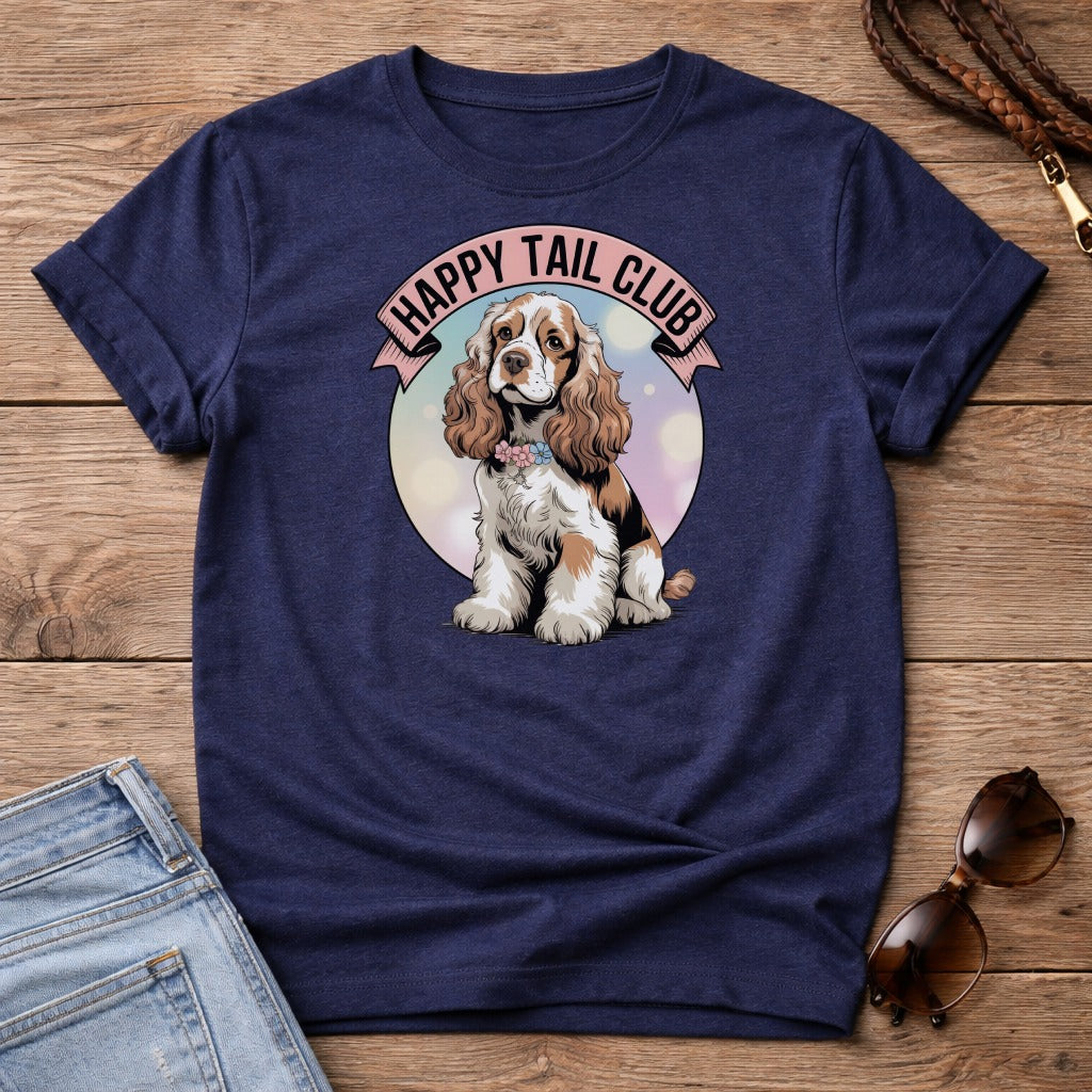 Navy t-shirt featuring a cartoon cocker spaniel with "Happy Tail Club" text.