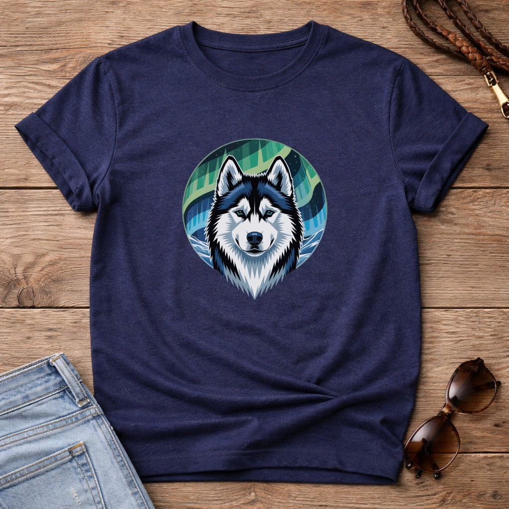Navy t-shirt featuring a graphic of a husky's head against a circular, starry background.
