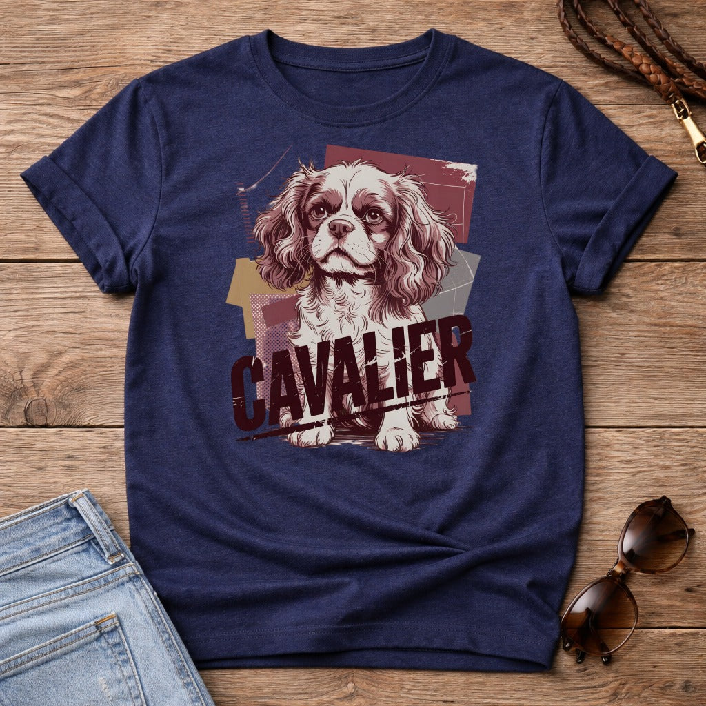 Navy t-shirt with a distressed graphic of a Cavalier King Charles Spaniel and text.