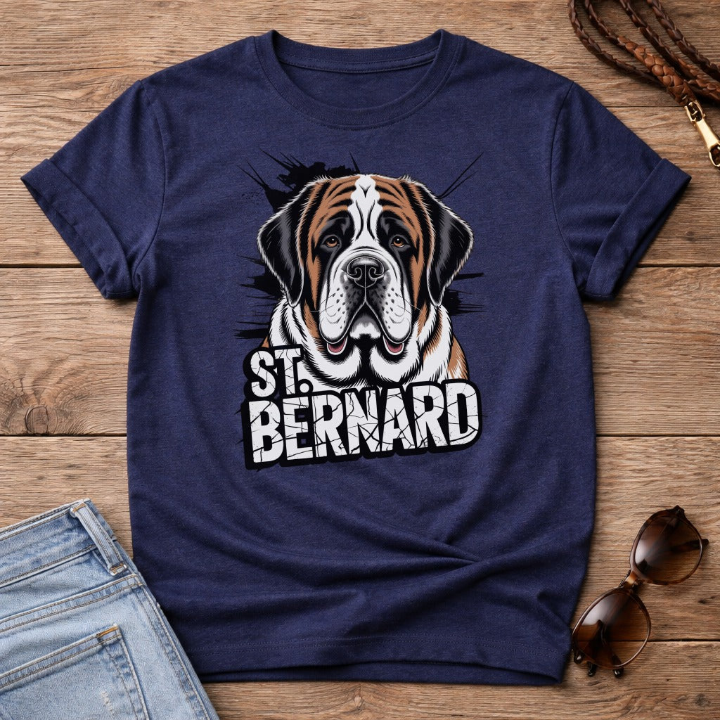 Navy t-shirt with St. Bernard dog graphic and text.